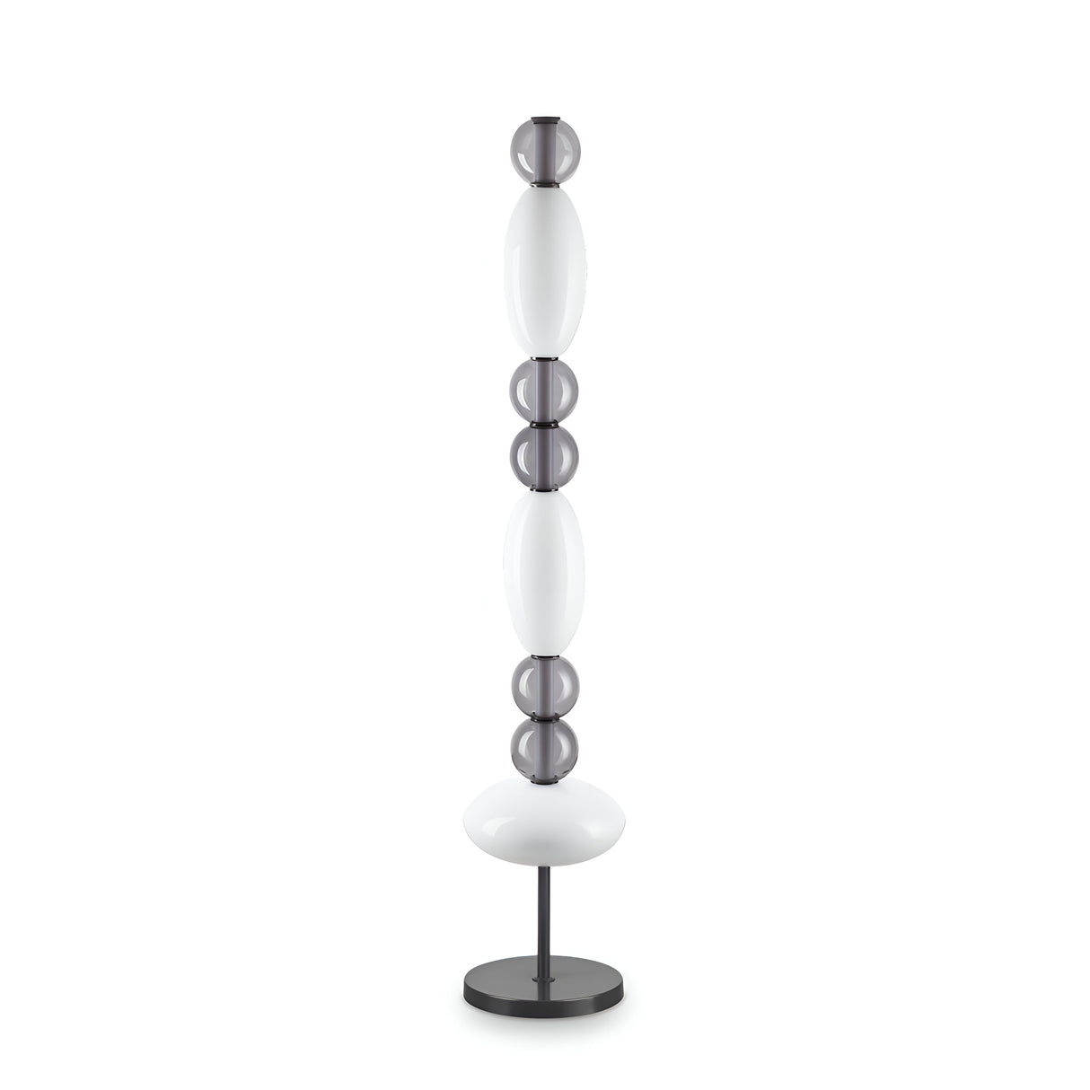 Introducing the Gleara LED Floor Lamp, featuring a sleek contemporary design with alternating white and translucent round and oval segments resting on a black circular base, offering energy-efficient illumination.