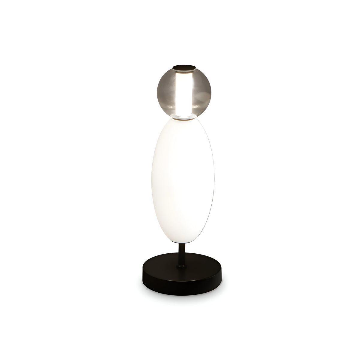 Introducing the Gleara Table Lamp - White, featuring a sleek and contemporary design with a circular base, an elongated oval body, and a round clear lampshade at the top that houses an LED light. Its minimalist black and white color scheme enhances any modern decor.