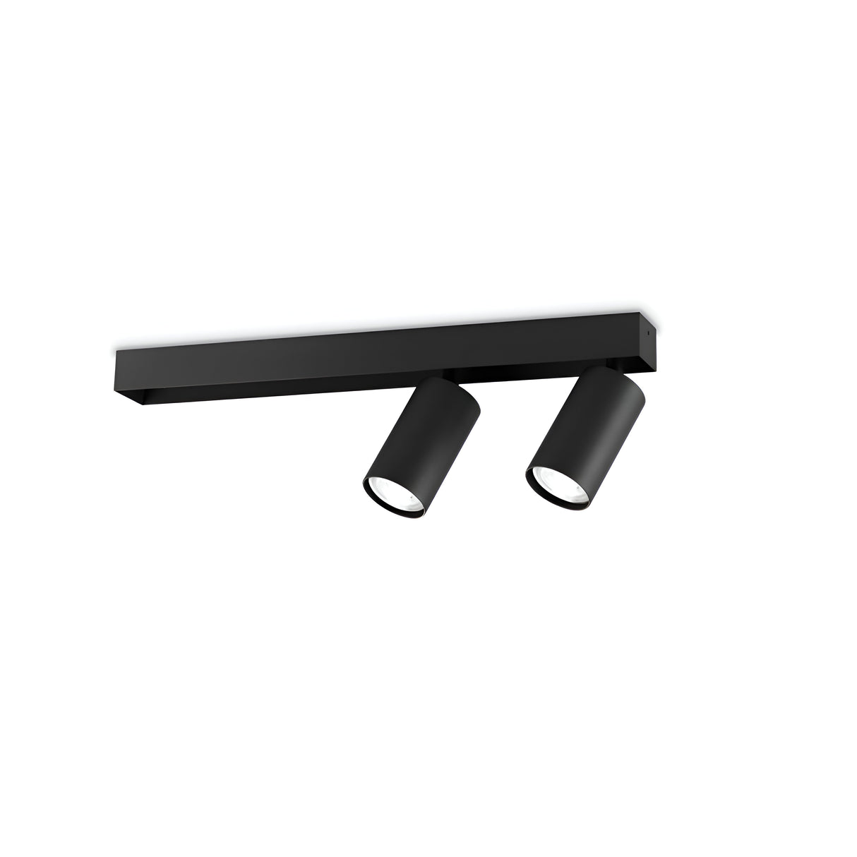 Introducing the Lumora Twin Bar Spotlight - Black, a modern ceiling light fixture characterized by its sleek, minimalist design. It features two adjustable cylindrical spotlights with optional adjustable diffusers, making it ideal for contemporary lighting in stylish interiors.