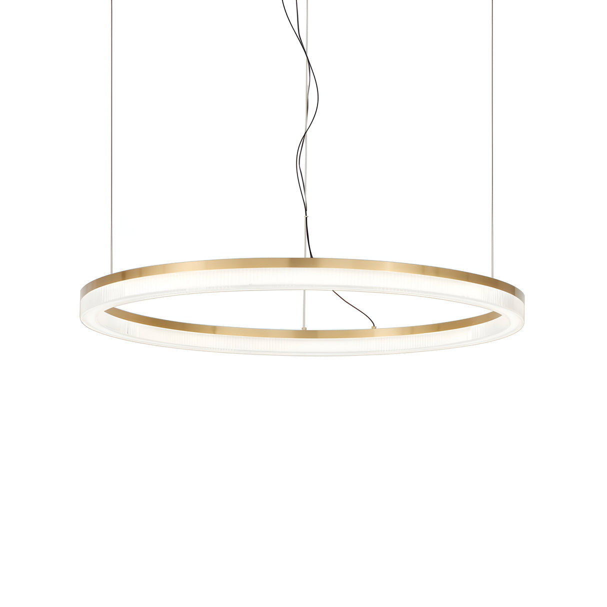 The Soltra LED Light Suspension 30W 3000K - Brass, 80cm features a sleek, circular design with a slim brushed brass frame and integrated LED lighting. It is elegantly suspended from the ceiling by thin black wires against a white background and includes an opal acrylic diffuser to provide a gentle, soft glow.