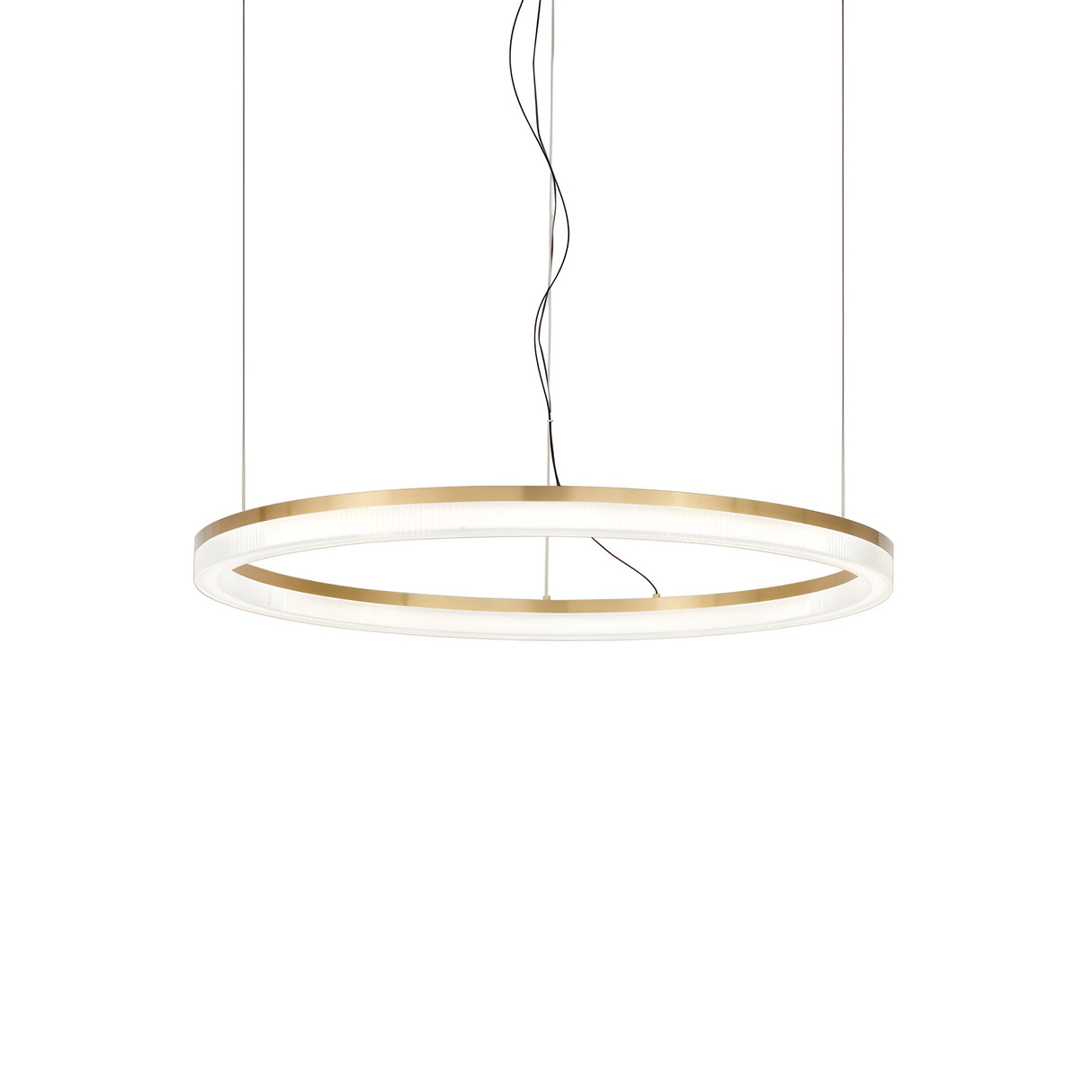 The Soltra LED Light Suspension 30W 3000K - Brass, 60cm is a contemporary circular hanging fixture featuring a brass finish and an integrated white light source. It is elegantly suspended by four thin wires, making its minimalist design ideal for modern interiors.