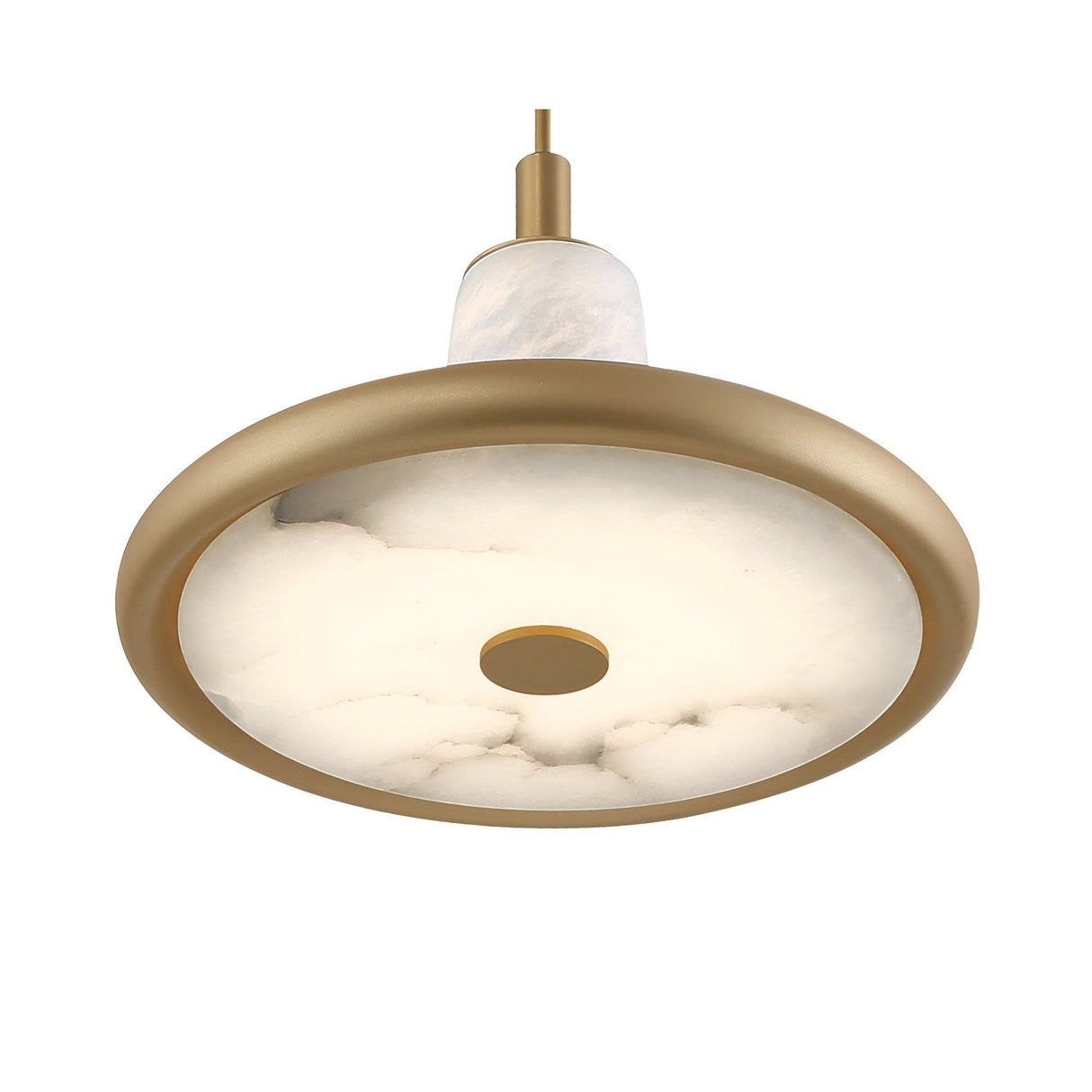The Aurevia LED Disc Alabaster Single Pendant Light features a circular brushed brass frame and a white marbled glass diffuser, elegantly suspended from a brass rod.