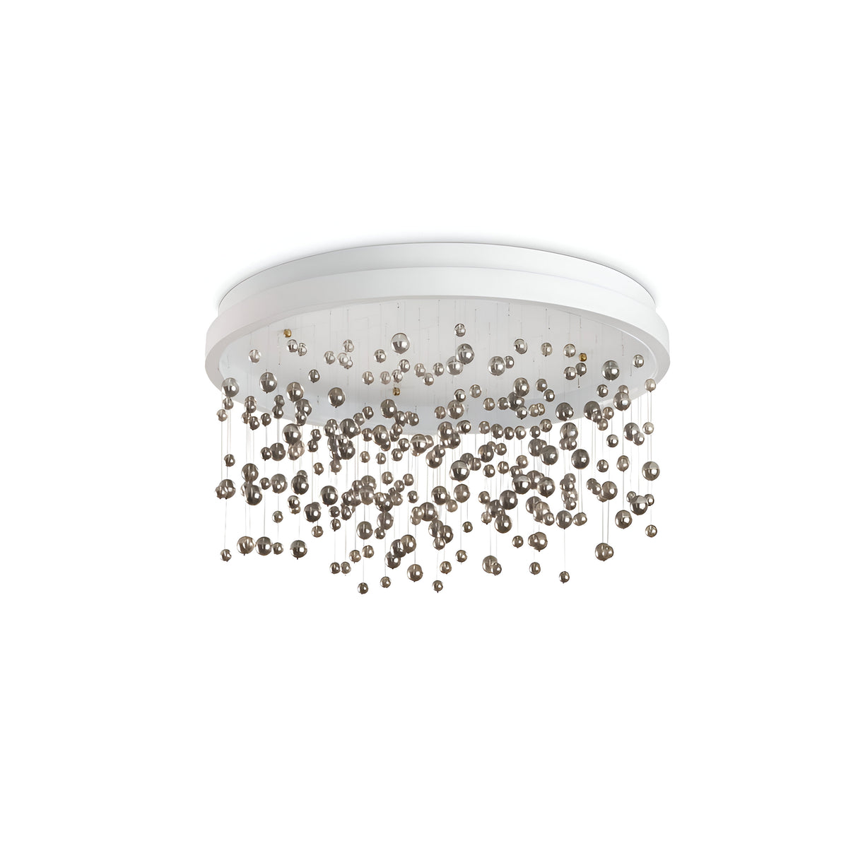 The Phostis LED Semi Flush Chandelier 61W 3000K - White, 60cm is a contemporary chandelier with a circular white base, adorned with numerous small metallic spheres hanging at different heights to create a stunning cascading effect. It adds a touch of elegance to any room while delivering ample illumination.