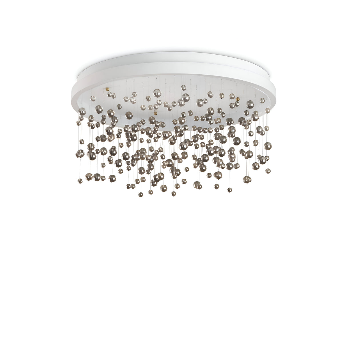 The Phostis LED Semi Flush Chandelier 61W 3000K - White, 75cm features a contemporary design with numerous metallic spheres suspended at different heights, adding an elegant and decorative appearance against a white background. Its minimalist style enhances modern interiors, providing a sleek and sophisticated touch.