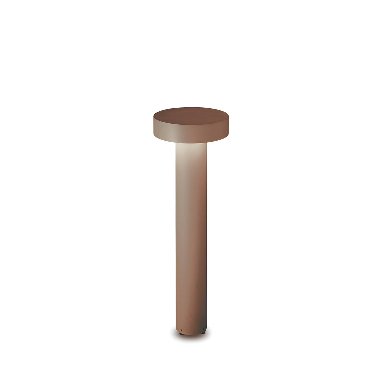 The Gloara Outdoor Bollard Light - Brown, standing at 60cm, showcases a modern cylindrical design with a sleek metallic finish. This weather-resistant lamp gracefully emits soft, downward light from its circular top, enhancing the ambiance with a warm glow. It is displayed against a plain white background.