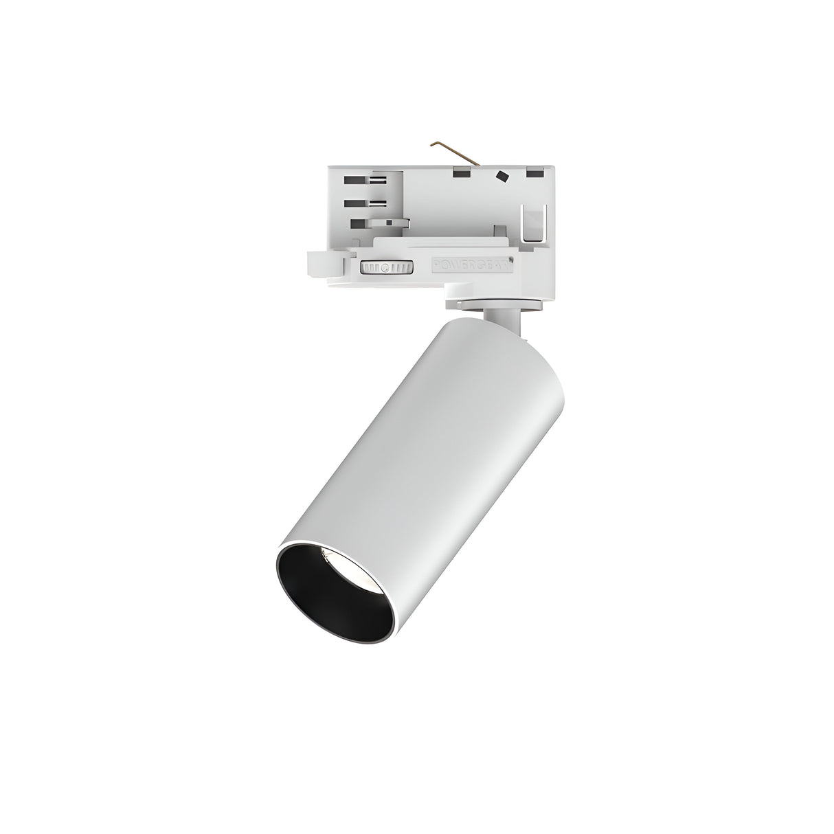 The Glimmara LED Three Phase Track Spotlight 8W 3000K - White features a sleek, adjustable cylindrical lamp head mounted on a rectangular base. This energy-efficient lighting fixture is ideal for providing flexible directional lighting in modern interiors.