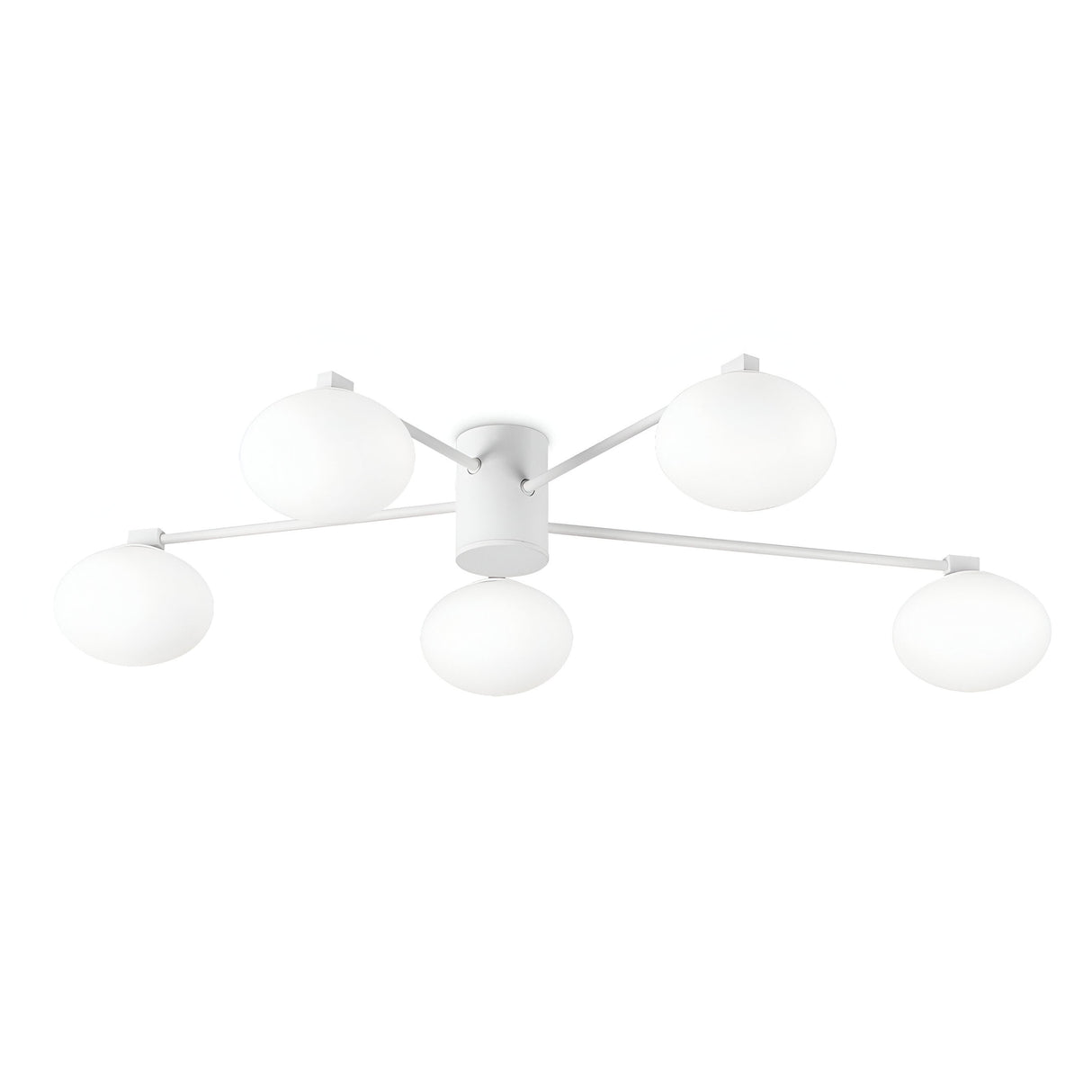 The Enigma 5 Light Semi Flush - White, 90cm showcases a contemporary lighting design with a central cylindrical base and four extending arms, each capped with a round, white globe light. This modern piece is elegantly set against a plain white background.