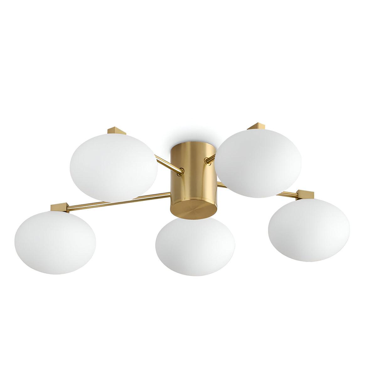 The Enigma 5 Light Semi Flush - Brass, 60cm is a contemporary ceiling light fixture with five white spherical lamps arranged in a star shape. With a brass finish elegantly connected to a central gold cylindrical base, it stands out beautifully against a white background. Its dimmable lighting feature allows you to customize the ambiance to your preference.