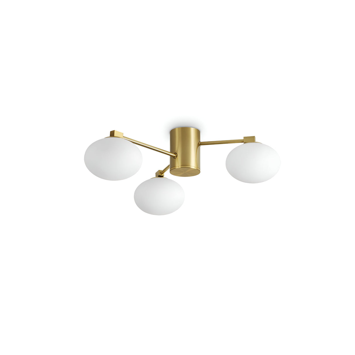 The Enigma 3 Light Semi Flush - Brass, 60cm features a minimalist and elegant design with dimmable lighting. It includes three frosted glass globe bulbs extending from a central cylindrical base, presenting a sleek look against a white background.