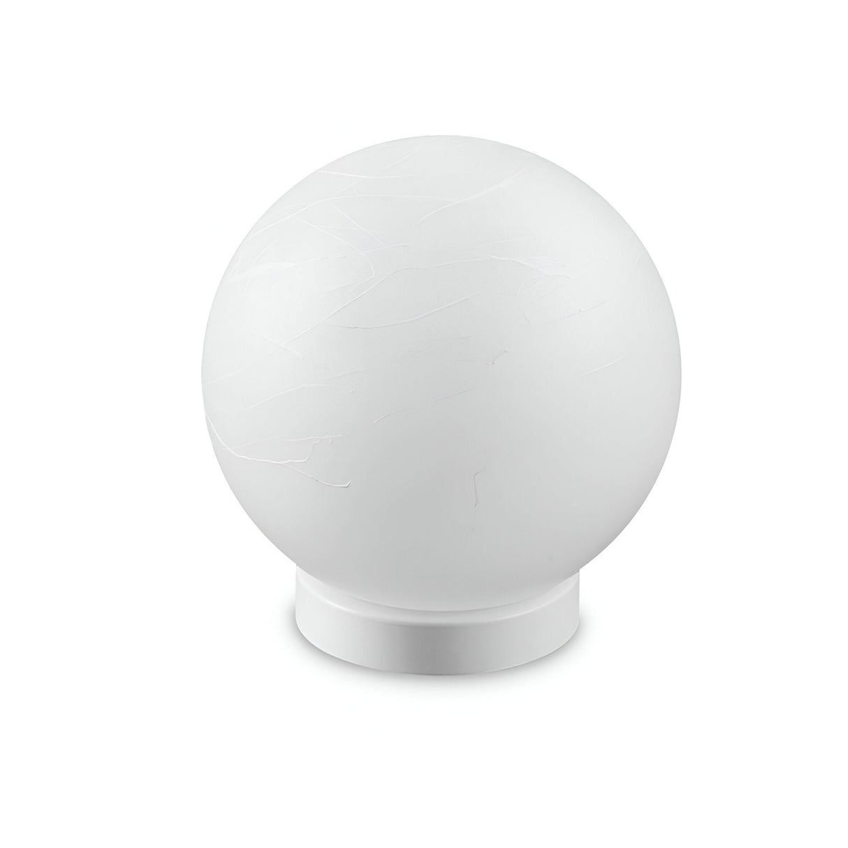A white spherical object with a smooth, matte texture sits on a circular base set against a plain white background, epitomizing modern design. The sphere features faint, subtle markings on its surface, reminiscent of the Gleonis Large Table Lamp - White, 20cm, frequently seen in contemporary interiors.