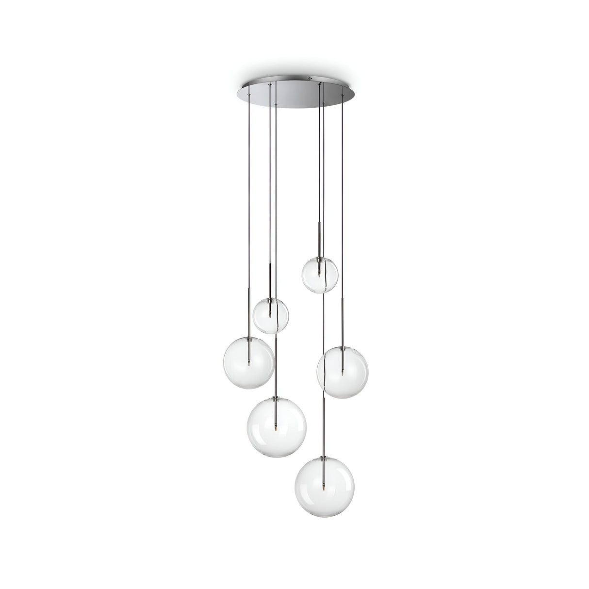 This contemporary lighting fixture, the Solarae 6 Light Cluster Pendant - Chrome, showcases six glass globe lights with transparent glass diffusers. They hang at different lengths from a circular ceiling mount and are accented with elegant chrome finishes.