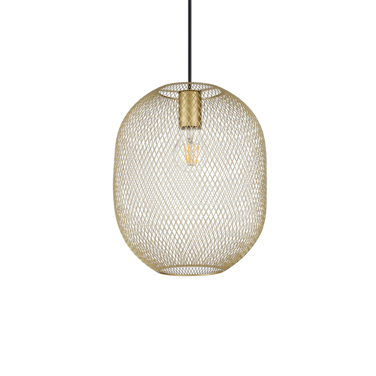 Introducing the Aeron 1 Light Pendant - Gold, 24cm, a modern fixture that exudes industrial charm with its gold spherical shade resembling a finely woven mesh and complemented by a sleek black cord. Its minimalist design showcases a single exposed bulb encased in an intricately crafted metal covering, making it an ideal addition to any contemporary space.
