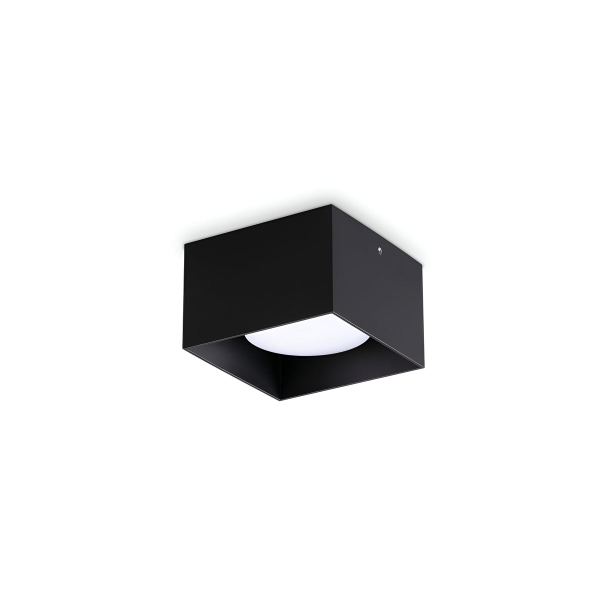 The Orbis Square Downlight - Black is a contemporary ceiling fixture featuring a black finish and a white circular light at its core. Its streamlined design on a simple white backdrop enhances any environment, offering the added benefit of a replaceable LED for enduring brightness.