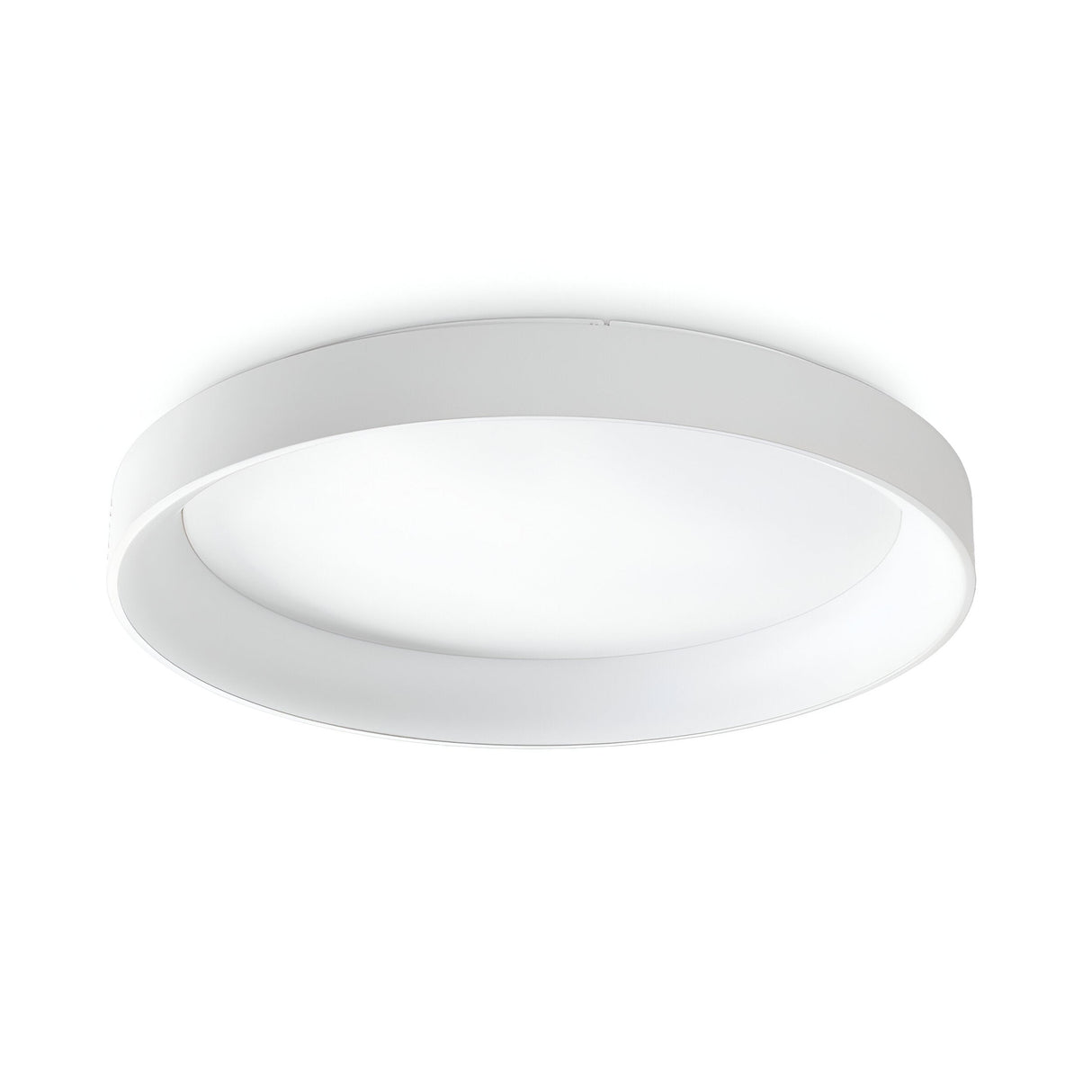 The Fluxis LED Flush Ceiling Light in white, measuring 80cm, features a circular, flat, smooth design mounted on a plain white ceiling. This lighting fixture provides energy-efficient illumination with its sleek minimalist look and evenly distributes light throughout open-plan living areas.