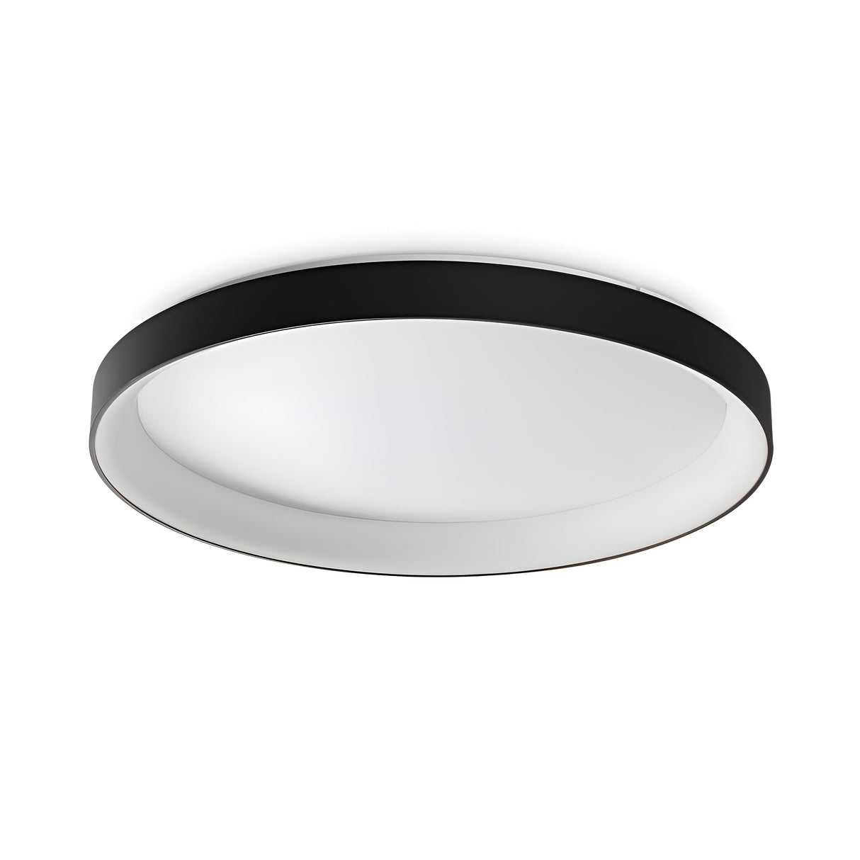 The Fluxis LED Flush Ceiling Light - Black, 100cm showcases a sleek black metal body paired with a white interior, seamlessly mounted on a flat white ceiling. Its built-in LED design accentuates its minimalist and elegant style, making it a modern enhancement for any room.