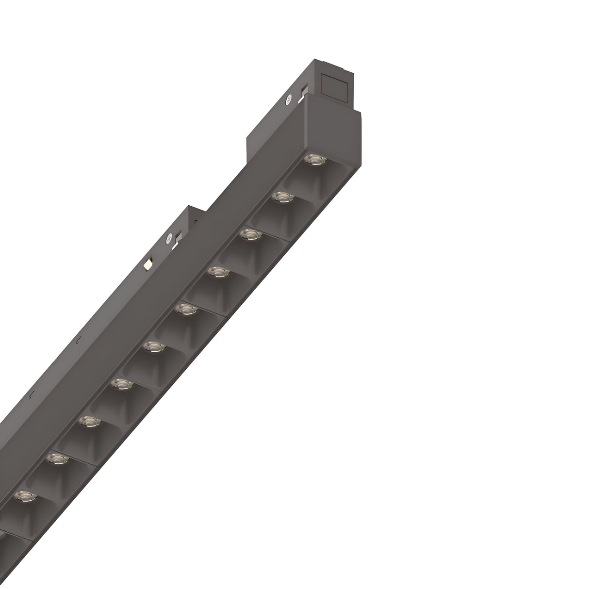 The Luxeon LED Magnetic Linear Track Light 13W 4000K On-Off - Black showcases a sleek, modern rectangular design with multiple recessed bulbs arranged in a linear pattern. Its minimalist black aluminum profile ensures it is perfect for ceiling installation, offering a 4000K color temperature.