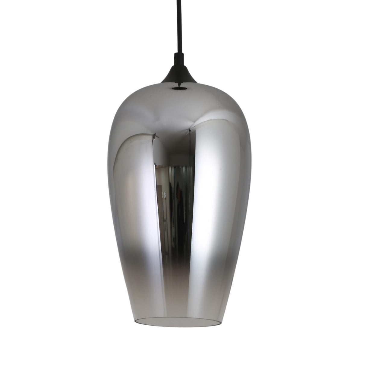 Niori Slice Glass Pendant Light in chrome, a tapered teardrop shade with mirrored finish fading to translucent silver, on a matt black cap and cable.