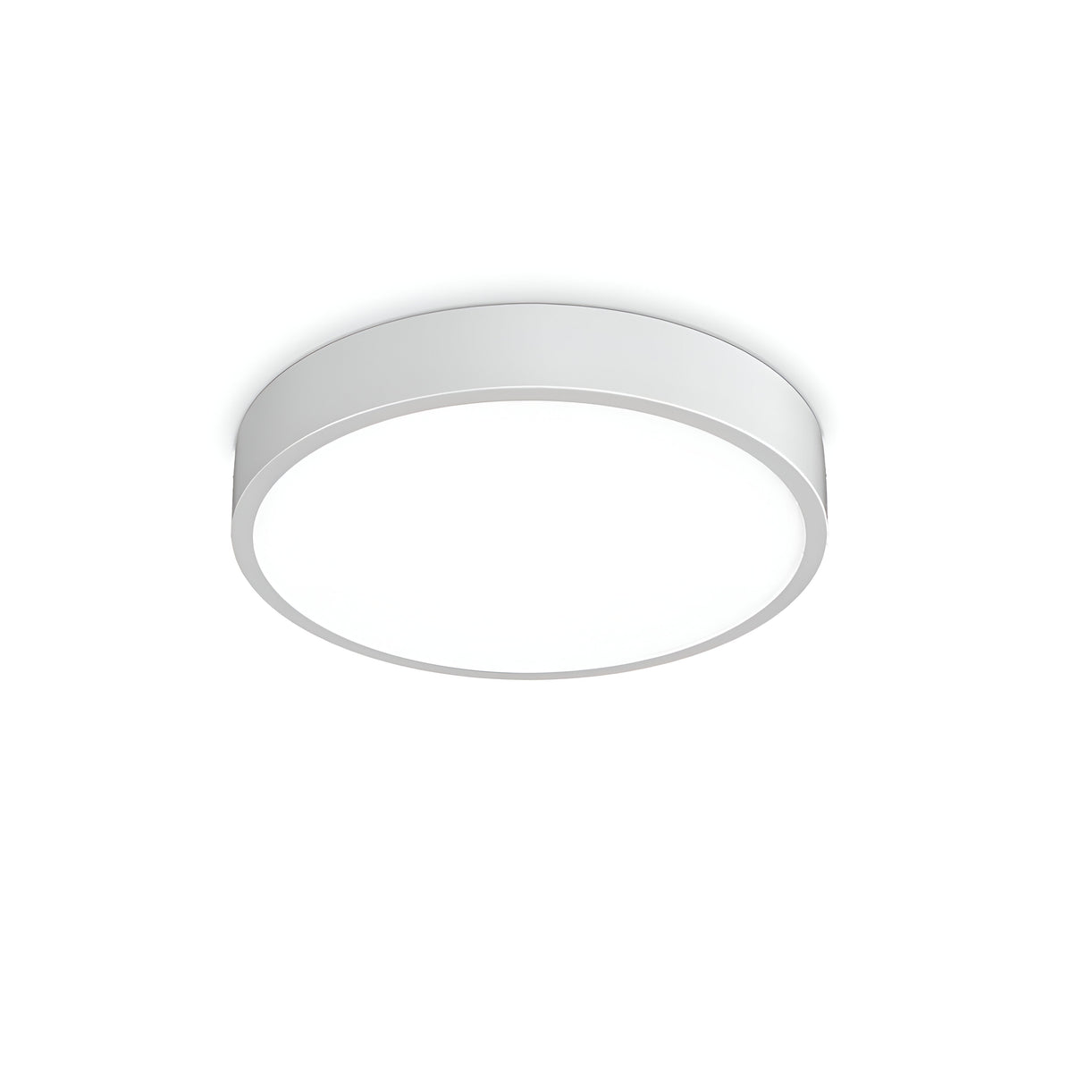 The Halcyra Outdoor LED Ceiling Light 26W, 3000-4000K - White, featuring a minimalist round design with an IP44 rating, is displayed against a white backdrop. Its energy-efficient LED technology emits a bright glow as the light appears to be switched on.