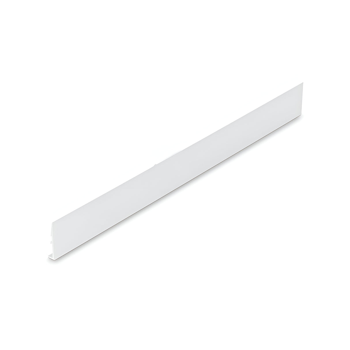 The product displayed against a plain background is the Alfaisis Track Cover 50cm in White, featuring a long and rectangular design with a sleek, thin, and flat profile. It has a small protrusion on one edge, making it perfect for seamless lighting installations.