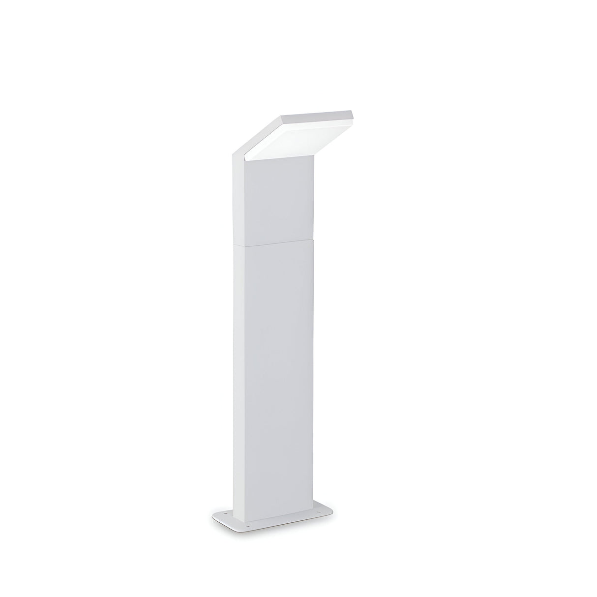 The Brillix Outdoor LED Bollard Light in white, measuring 50cm with a color temperature of 3000K, showcases a sleek, modern design featuring a rectangular base and angled top. Its IP54 rating guarantees durability in various weather conditions, while providing gentle, focused lighting with minimal energy usage.