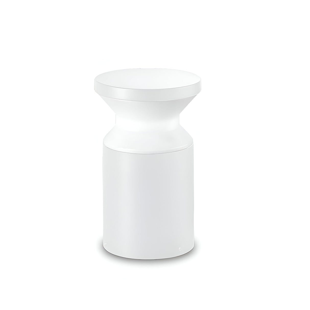 Inspired by modern, minimalist design, the Radiantix Outdoor Bollard Light in white features a sleek cylindrical base and flared, concave elements finished in a powder-coated white, showcased against a plain white backdrop.
