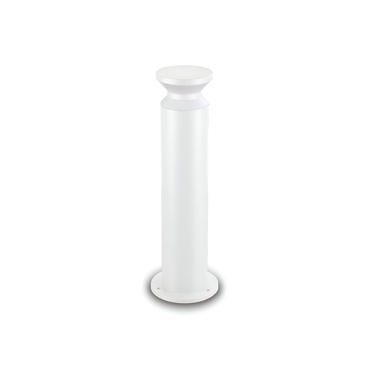 The Radiantix Outdoor Bollard Light - White, 60cm features a sleek cylindrical design with a flared top and base, elegantly standing upright against a plain white background.