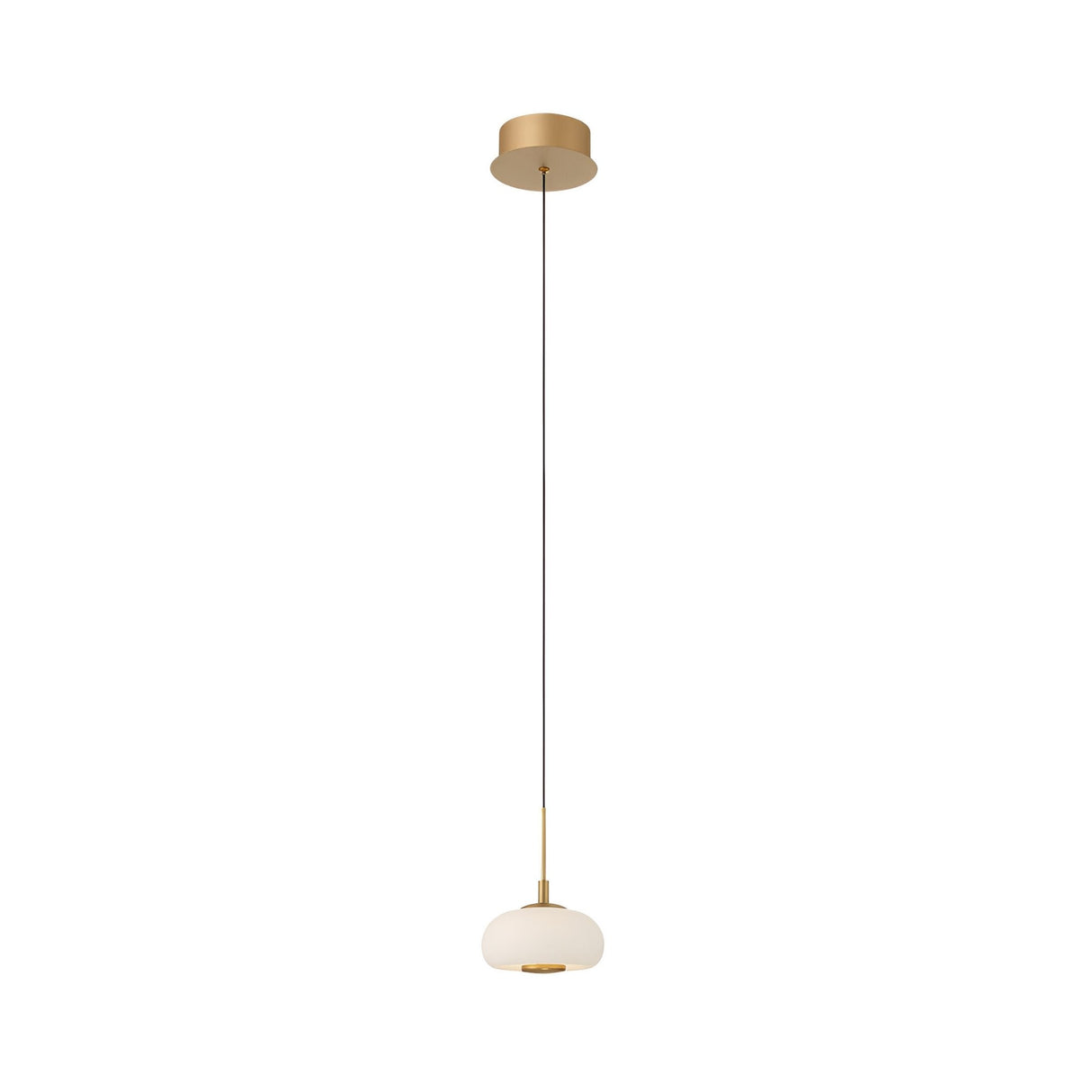 The Aurevia LED Dome Alabaster Single Pendant Light – Brushed Brass features a minimalist, modern design with a round brass ceiling mount, long black cord, and small frosted glass shade accented by elegant alabaster and gold details.