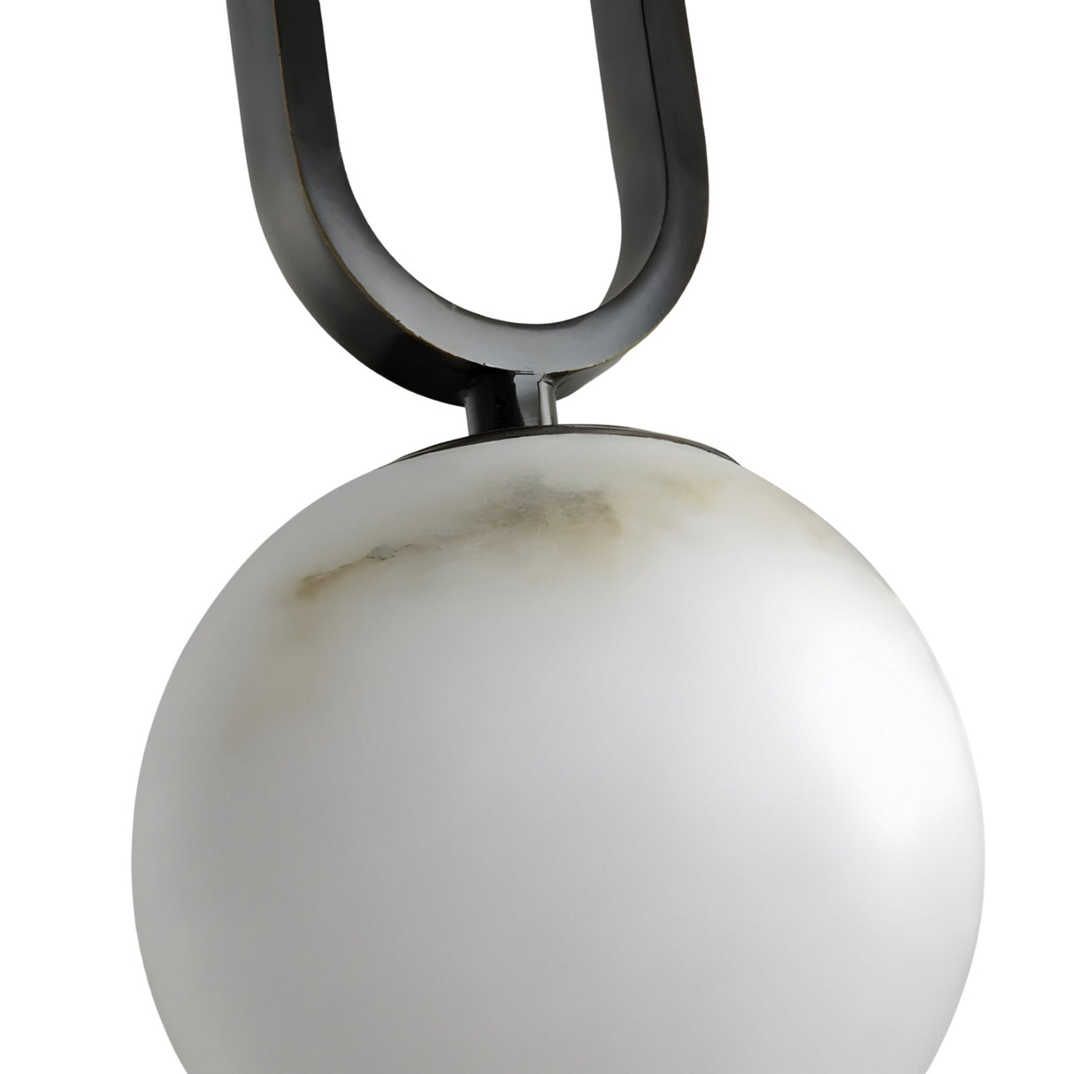 Close-up of the Orvyn 1 Light Small Globe Alabaster Pendant Light in soft white with a marble-like shade and matte black U-shaped holder.