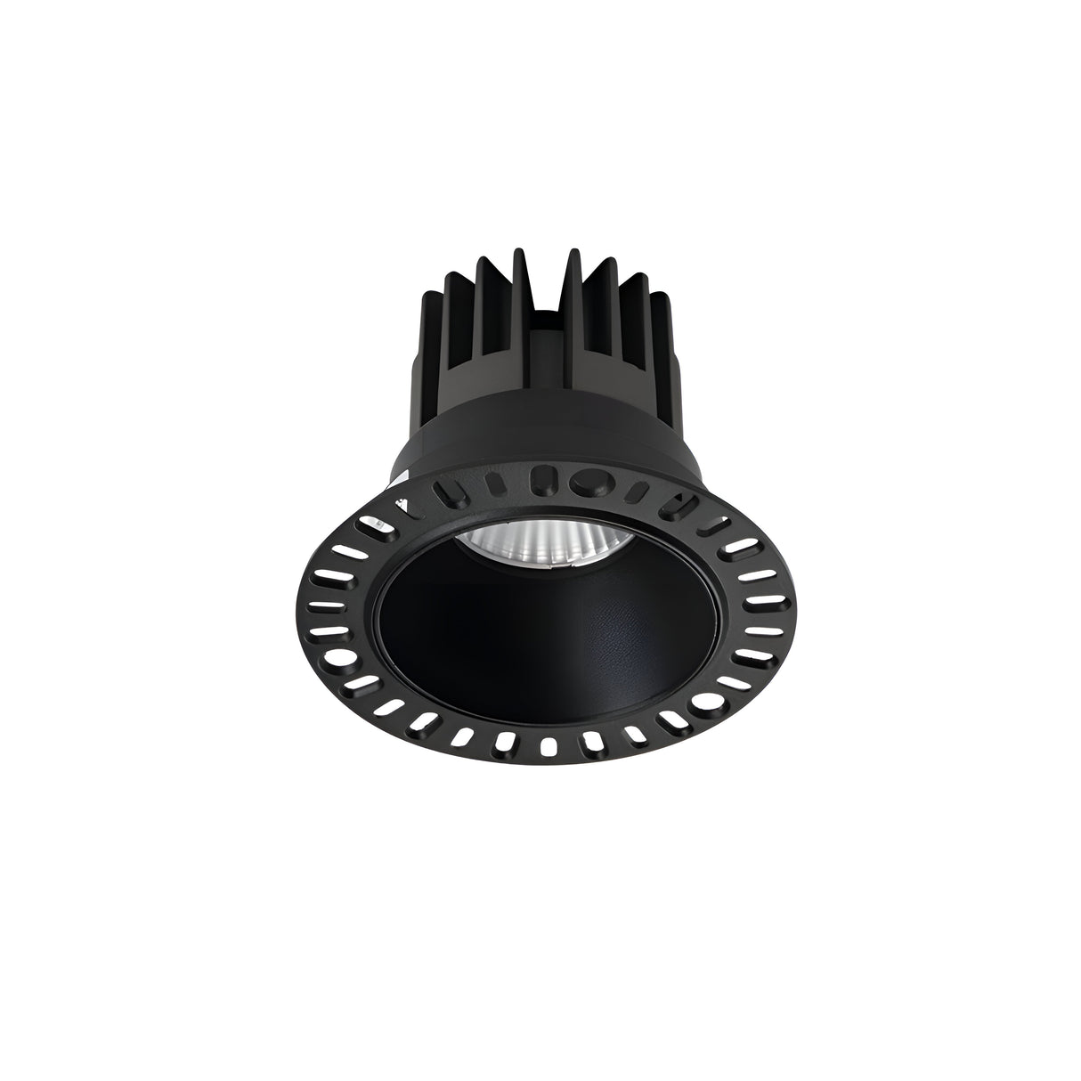 The Sally LED Trimless Round Recessed Downlight 11W 3000K in black showcases a sleek circular design with COB LED technology and features multiple small perforations around its edges. Its top has a ribbed structure extending upwards for efficient heat dissipation, while the black finish creates a striking contrast against a plain white background.