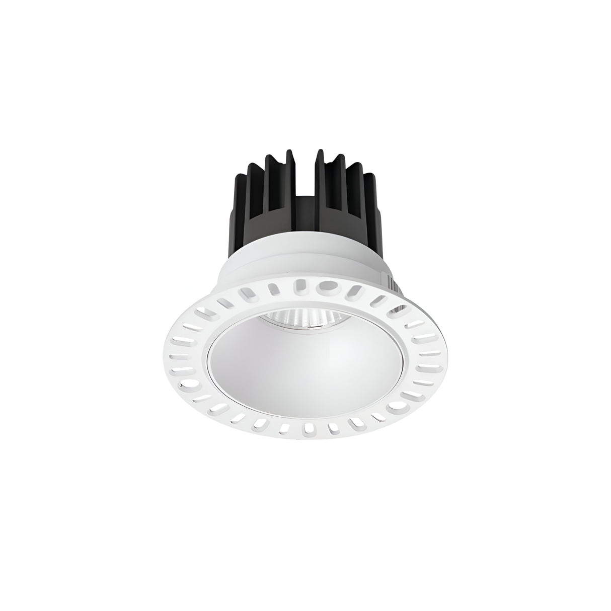 The Sally LED Trimlees Round Recessed Downlight 11W 3000K - White, with its contemporary circular design featuring a white trim and a black heat sink, is showcased against a plain white background. This fixture employs COB LED technology and includes small ventilation holes around the edge, enhancing ambient lighting in any space.