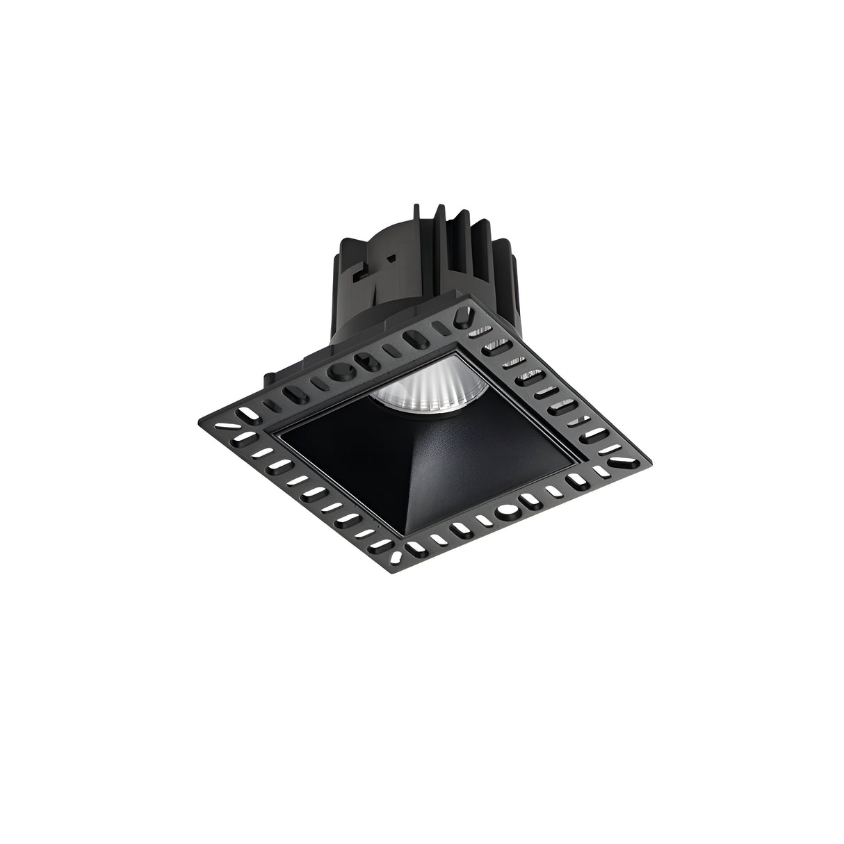 Introducing the Sally LED Square Recessed Trimless Downlight, featuring an 11W power output and a warm 3000K light tone. This modern and minimalistic ceiling downlight is designed for indoor use with a black interior and ribbed heat sink, offering a sleek, trimless appearance.