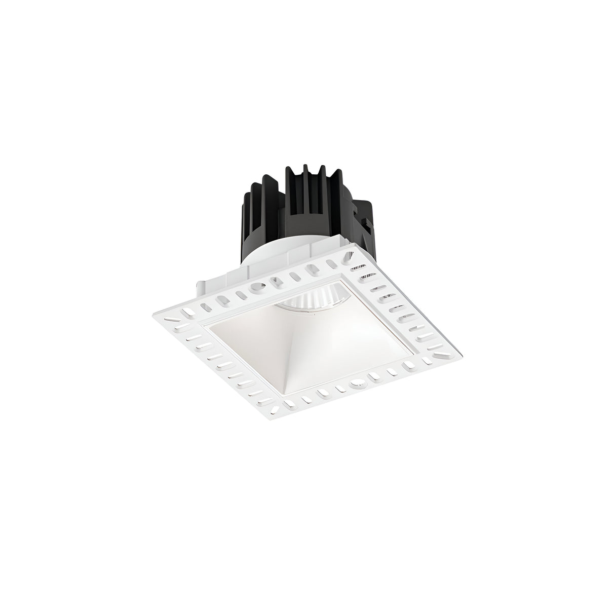 The Sally LED Trimless Square Recessed Downlight 11W 3000K in White features a white frame and black heat sink with ventilation openings and a central spotlight. This LED downlight is an ideal choice for modern interiors, providing energy-efficient COB LED technology for sophisticated lighting solutions.