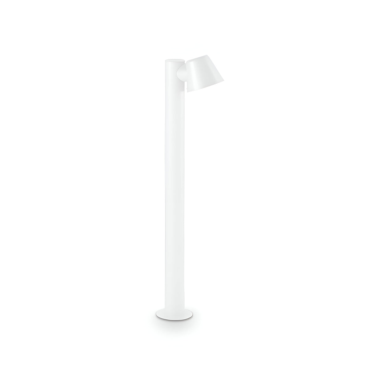 The Quasar Outdoor Bollard Light in white features a minimalist cylindrical base and an adjustable cone-shaped shade, ideal for exterior lighting. With its sleek and modern design, it stands upright on a plain white background, seamlessly blending into any garden features.