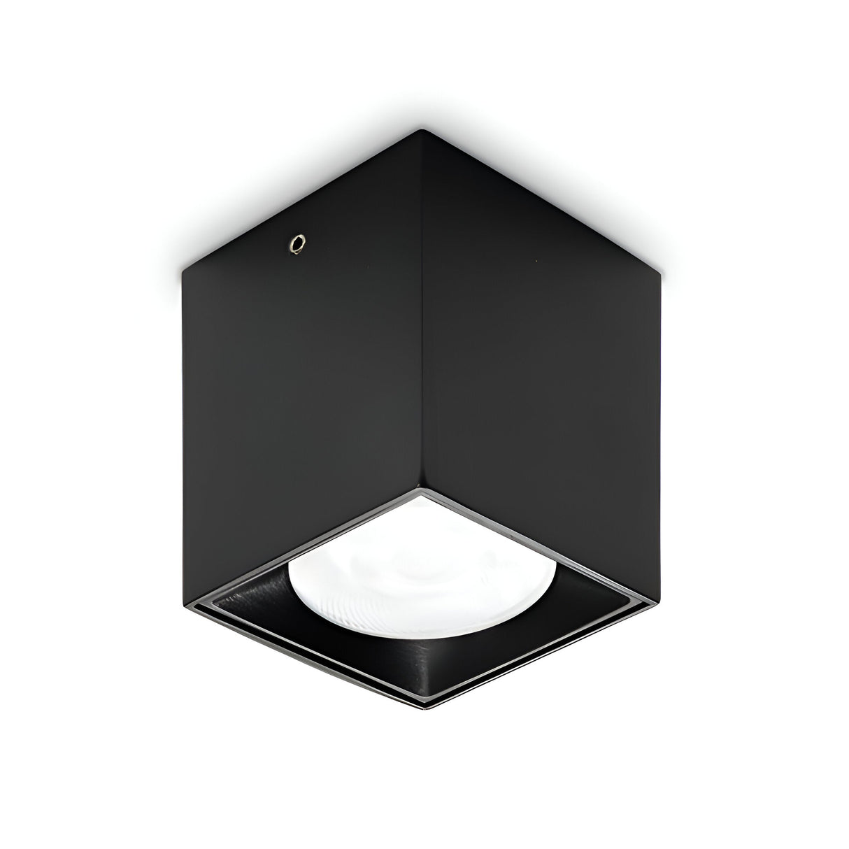 Introducing the Solace LED Square Downlight 4W 3000K in Black: a contemporary black ceiling light fixture featuring a sleek, cube-shaped design with a visible white bulb. This matte black downlight offers energy-efficient lighting, making it perfect for modern interiors.