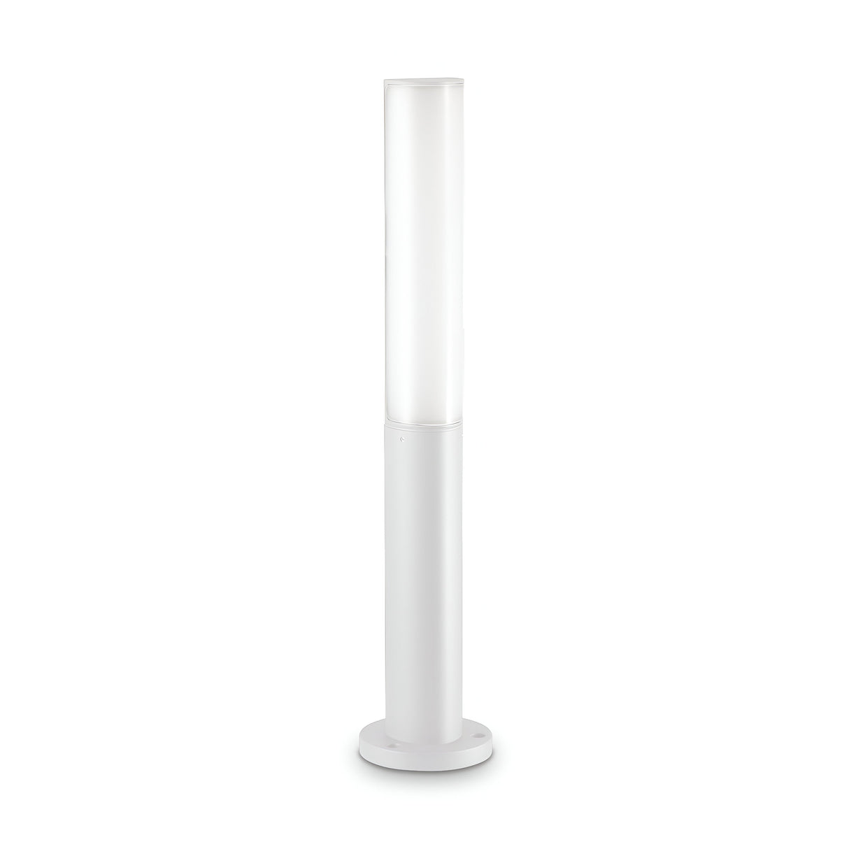 The Glintis Outdoor LED Bollard Light, featuring a sleek cylindrical design and minimalist aesthetic, is crafted from weather-resistant materials in modern white. It stands on a round base, offering energy-efficient illumination with its 3000K, 9.5W LED that casts a soft glow.