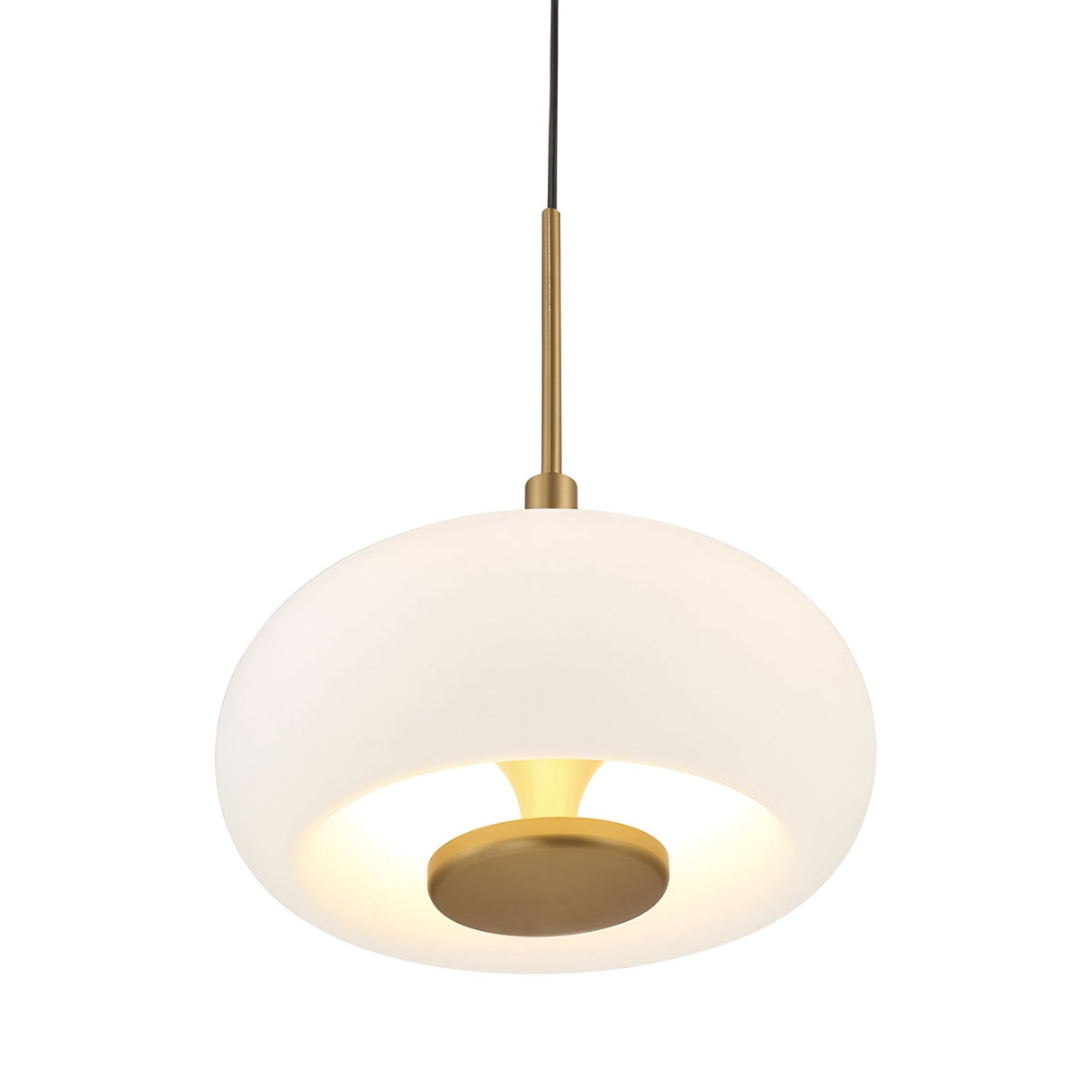 Niori Aurevia pendant light with a rounded white alabaster shade, brushed brass disc and stem, suspended on a black cable against a plain background.