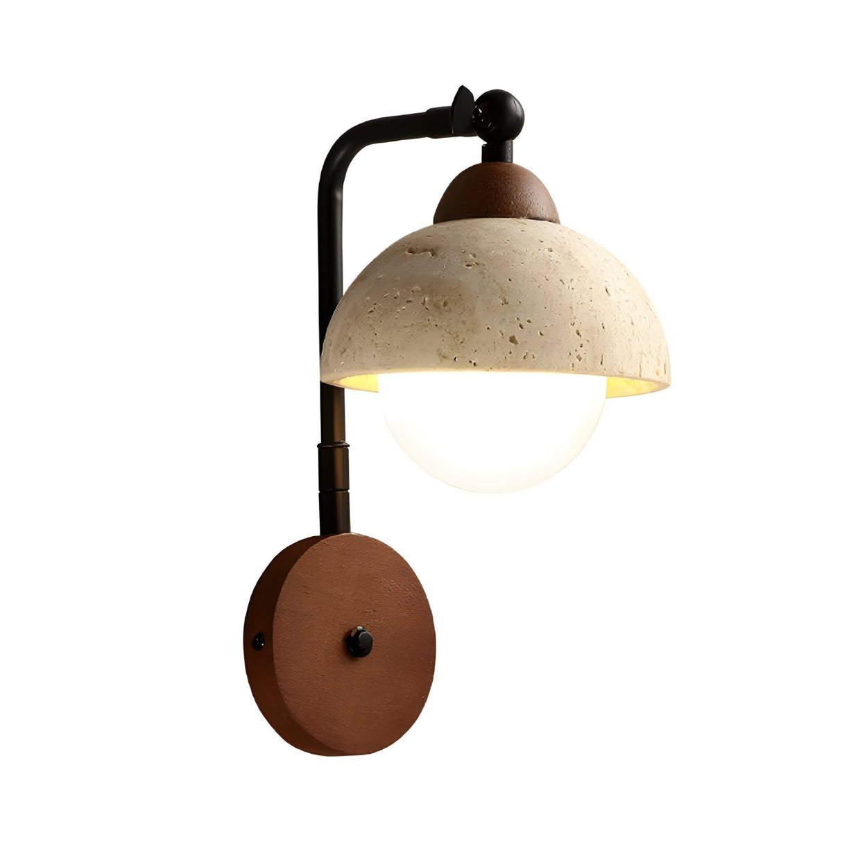 The Corvella 1 Light Dome Travertine Wall Light in Walnut Brown and Light Beige features a round wooden base, black metal arm, and dome-shaped beige travertine shade that softly diffuses light over a white bulb.