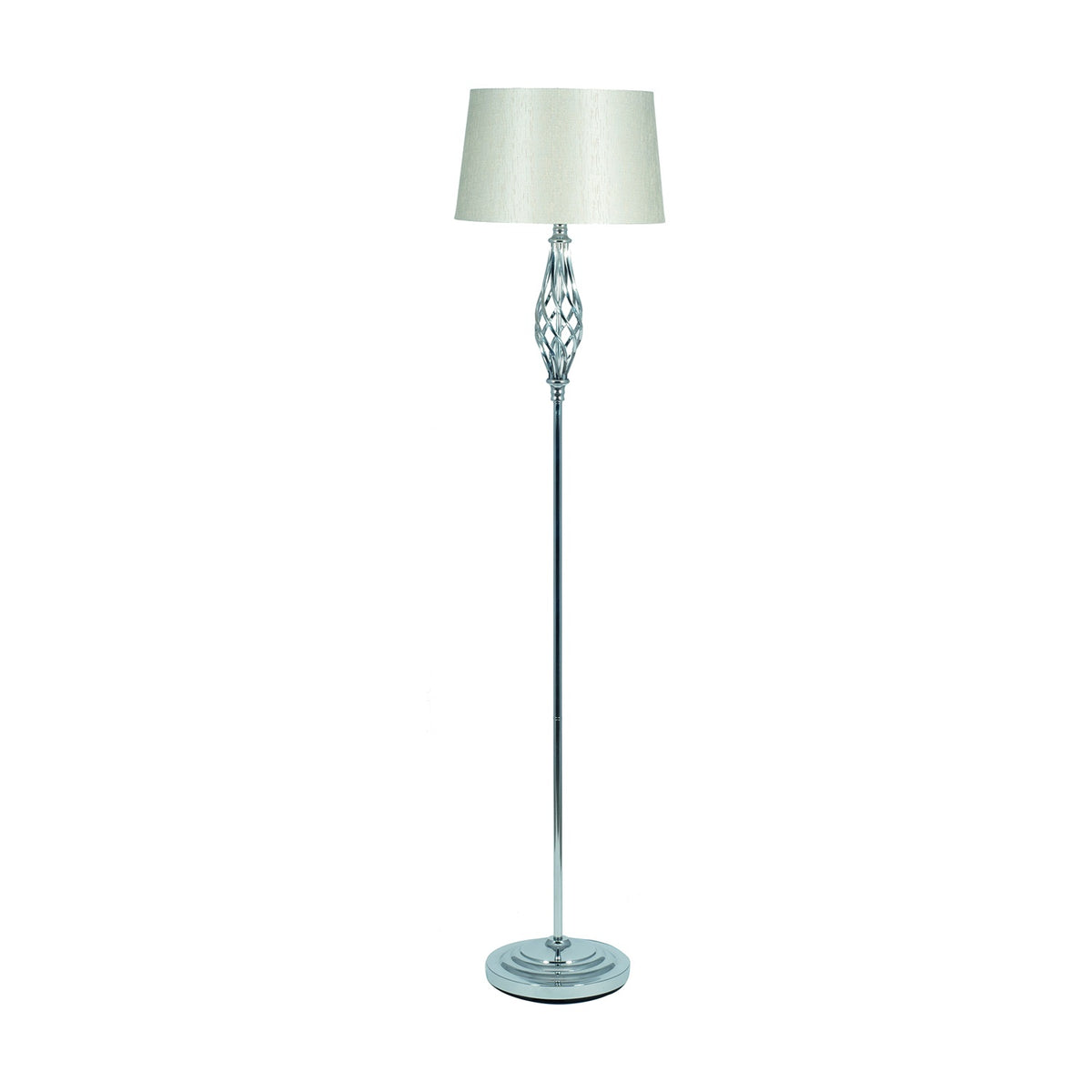 Jenna Silver Metal Twist Detail Floor Lamp, 158cm, with an openwork twisted stem, round base, and cream fabric drum shade, shown against a plain white background.