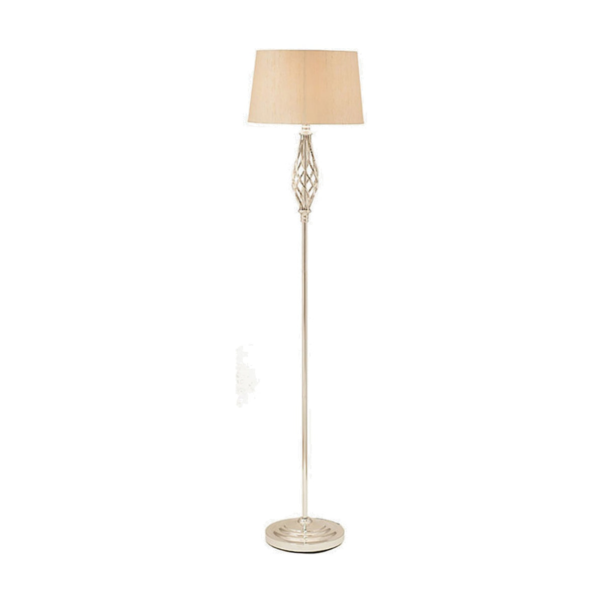 Jenna Silver Metal Twist Detail Floor Lamp, 158cm, featuring a twisted metal cage stem, slim pole base, and tapered fabric shade in beige, shown on a plain white background.