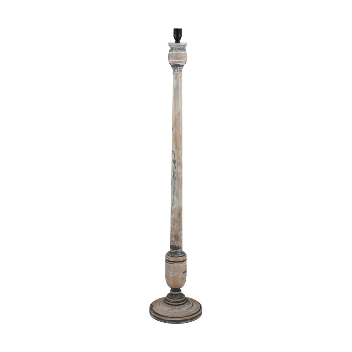 Captiva Grey Wash Mango Floor Lamp Base, 138cm, tall turned wood column with urn-shaped detailing on a round base, distressed grey-white finish, shown on a plain white background.