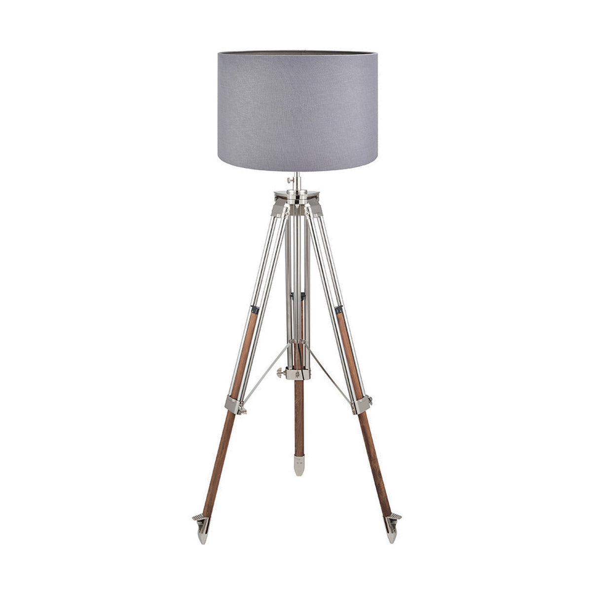 Port Nickel & Tripod Floor Lamp with a grey drum shade, nickel adjustable legs, and wood-clad tripod feet on a plain white background.
