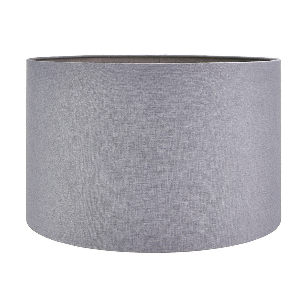 Cylindrical drum lampshade in steel grey linen with visible seam, shown alone on a plain white background.