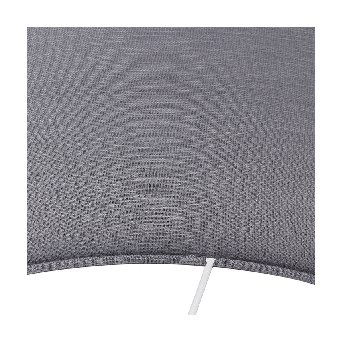 Close-up of the Port Nickel & Tripod Floor Lamp's steel grey linen drum shade, showing woven fabric texture and piped edge with visible support rod.