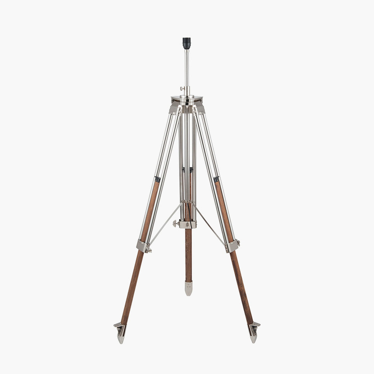 Port Nickel Tripod Floor Lamp base with nickel finish adjustable stand and wood-clad legs, shown without shade on a plain white background.