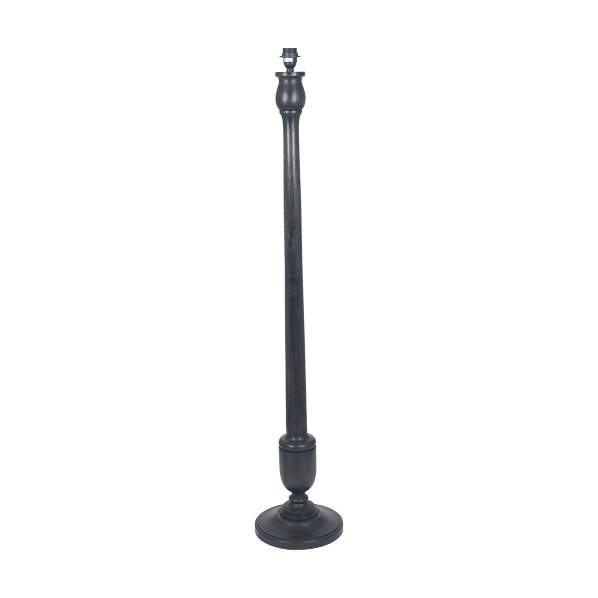 Captiva Antique Black Mango Floor Lamp Base, 138cm tall, with slender turned wood column, urn-shaped base and small candelabra fitting, shown on a plain white background.