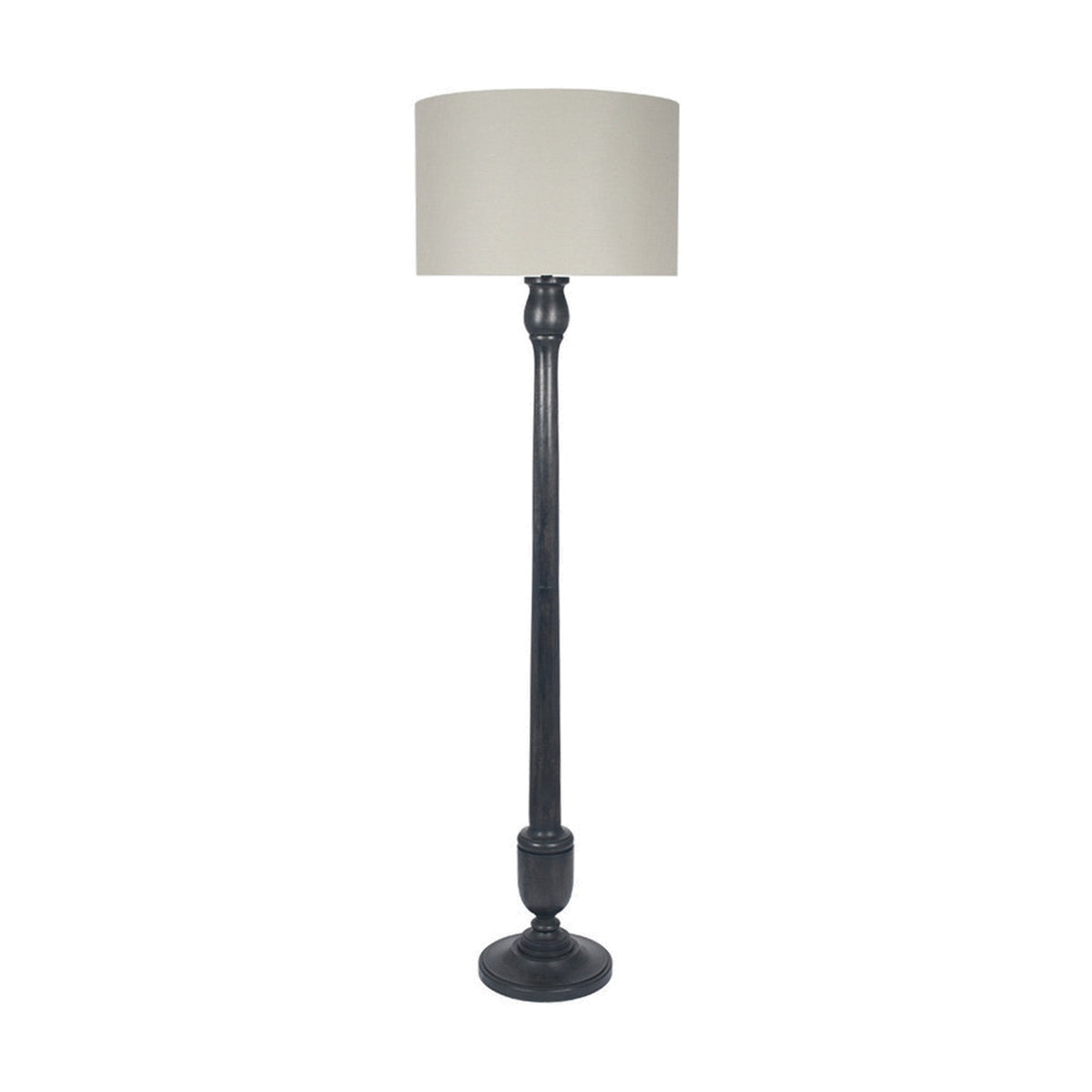Captiva Antique Black Mango Floor Lamp Base, 138cm tall turned wood column with urn-shaped detailing and round base, shown with cream drum shade on a plain white background.
