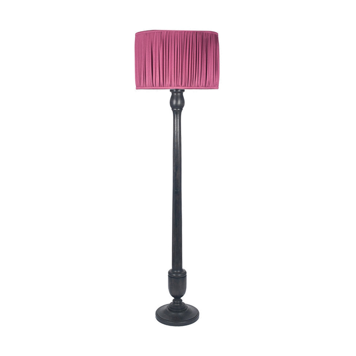 Captiva Antique Black Mango Floor Lamp, 138cm tall wooden base with turned column and round foot, shown with pink pleated drum shade on a plain white background.