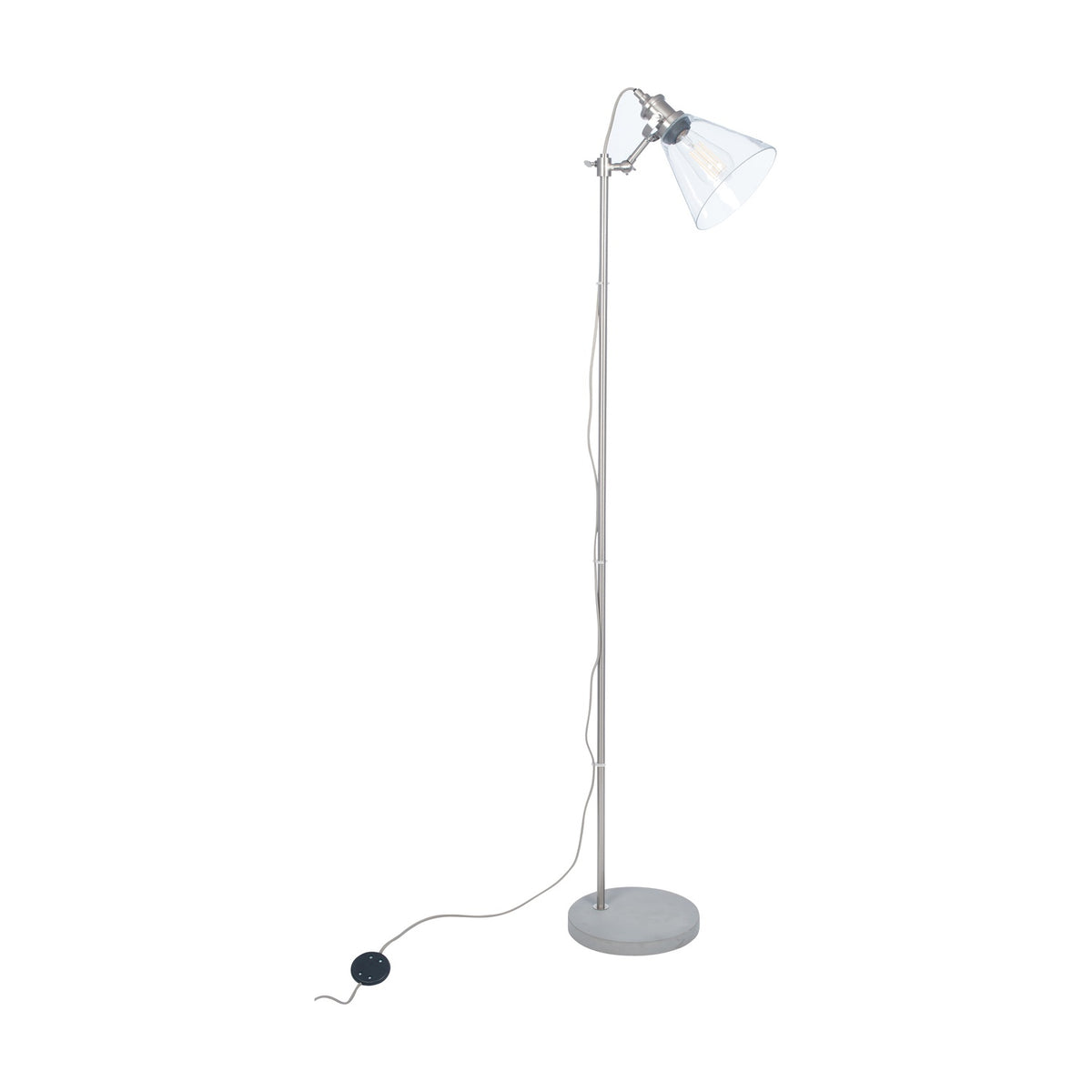 Chaplin floor lamp, 157cm, with brushed chrome pole and adjustable clear glass conical shade on a round concrete base, shown against a plain white background.