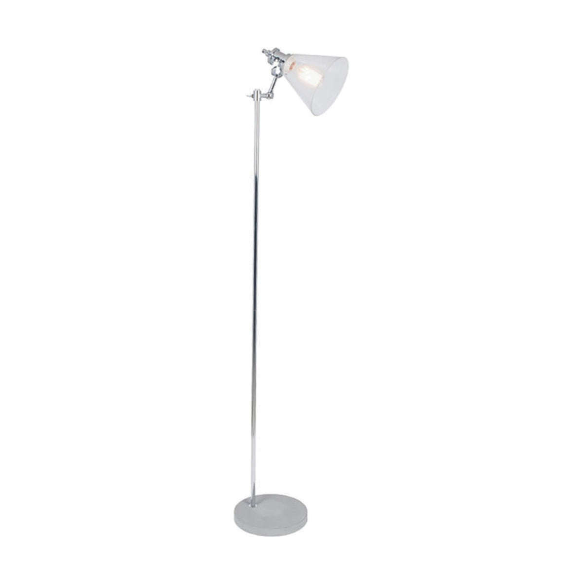 Chaplin floor lamp, 157cm, with a slim brushed chrome pole, adjustable conical glass shade, and round concrete base, shown against a plain white background.