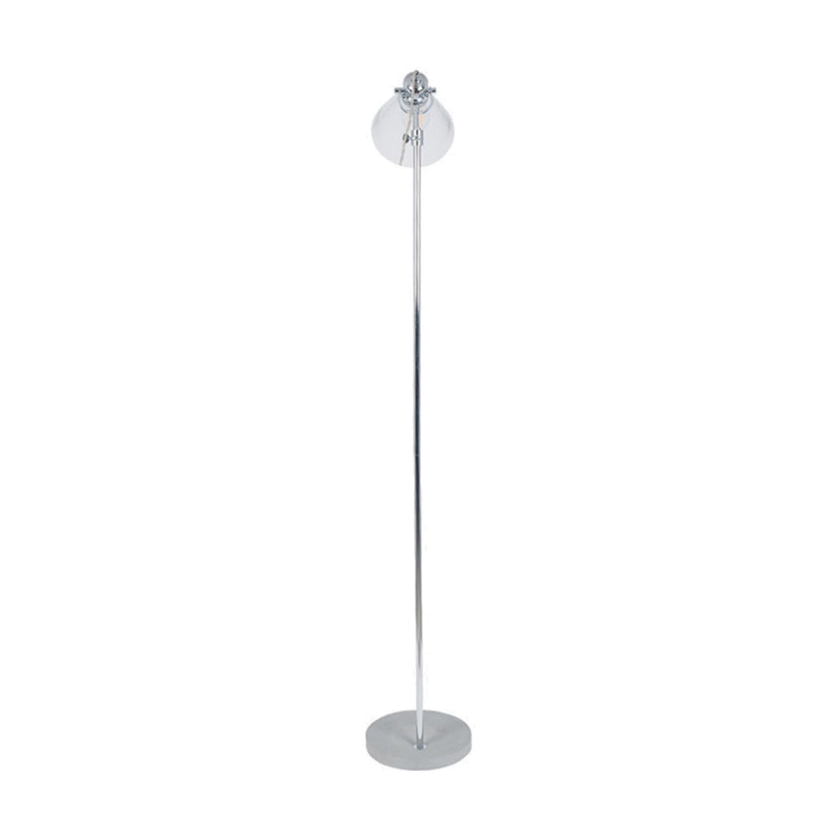 Chaplin floor lamp, 157cm, with a slim brushed chrome stem, round concrete base, and clear glass globe shade, shown on a plain white background.
